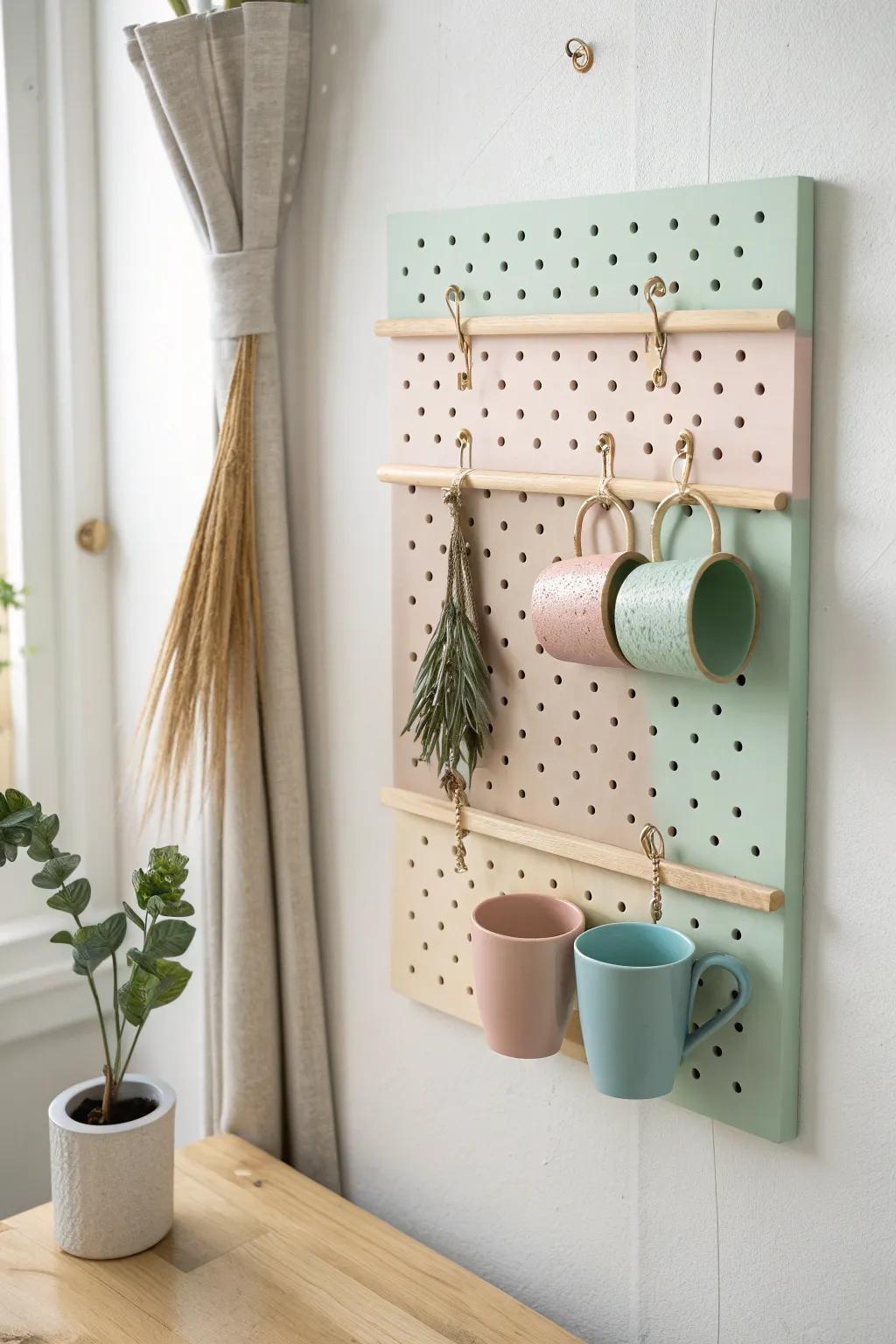 Pastel color-block pegboard that brightens a small desk area—clean, calm, and cohesive.