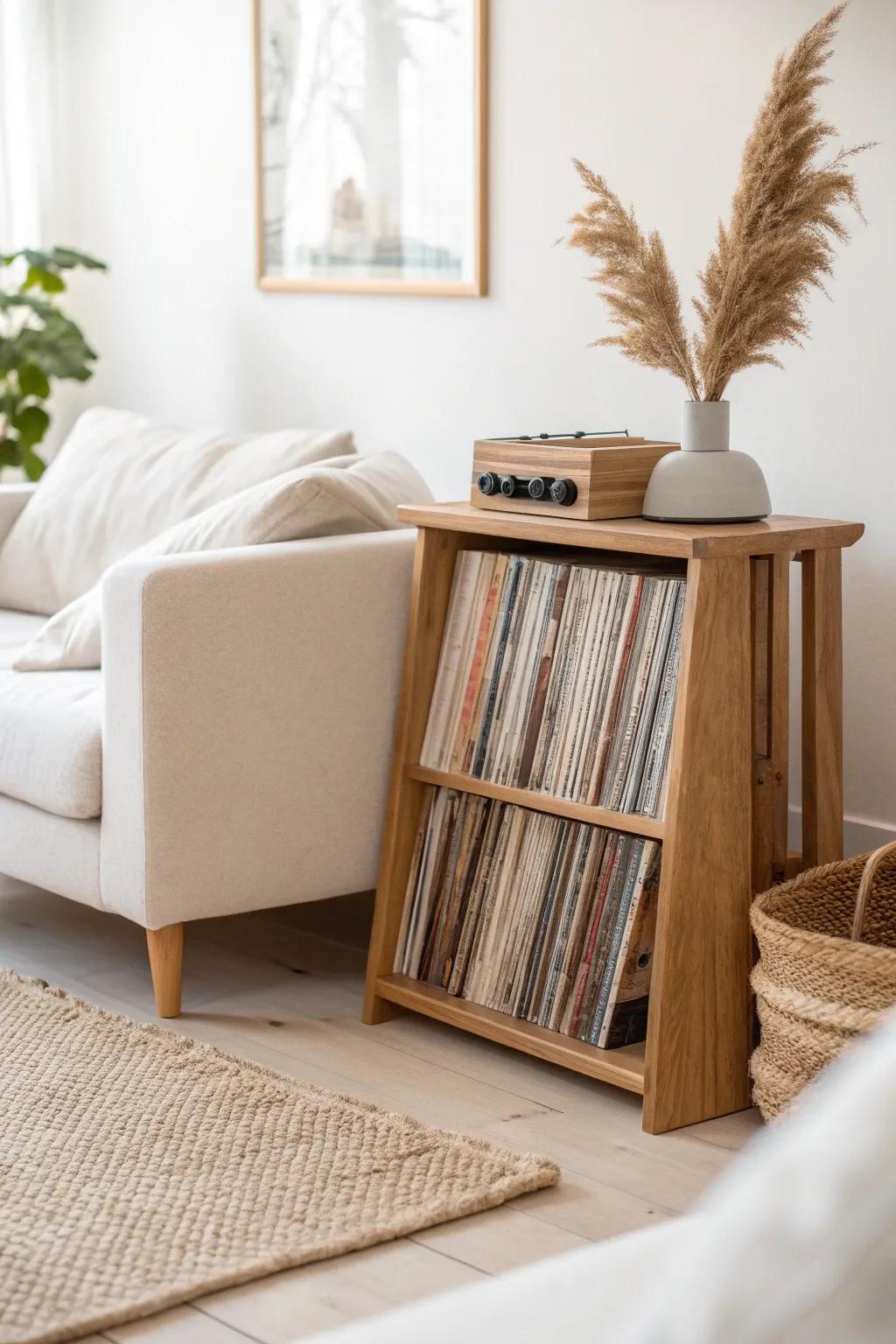 Stealthy skinny record shelf behind the sofa—vinyl storage that saves every inch.