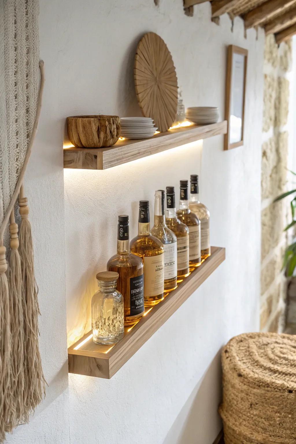Warm LED backlighting turns your bottle shelf into cozy mood lighting for tiny nooks.