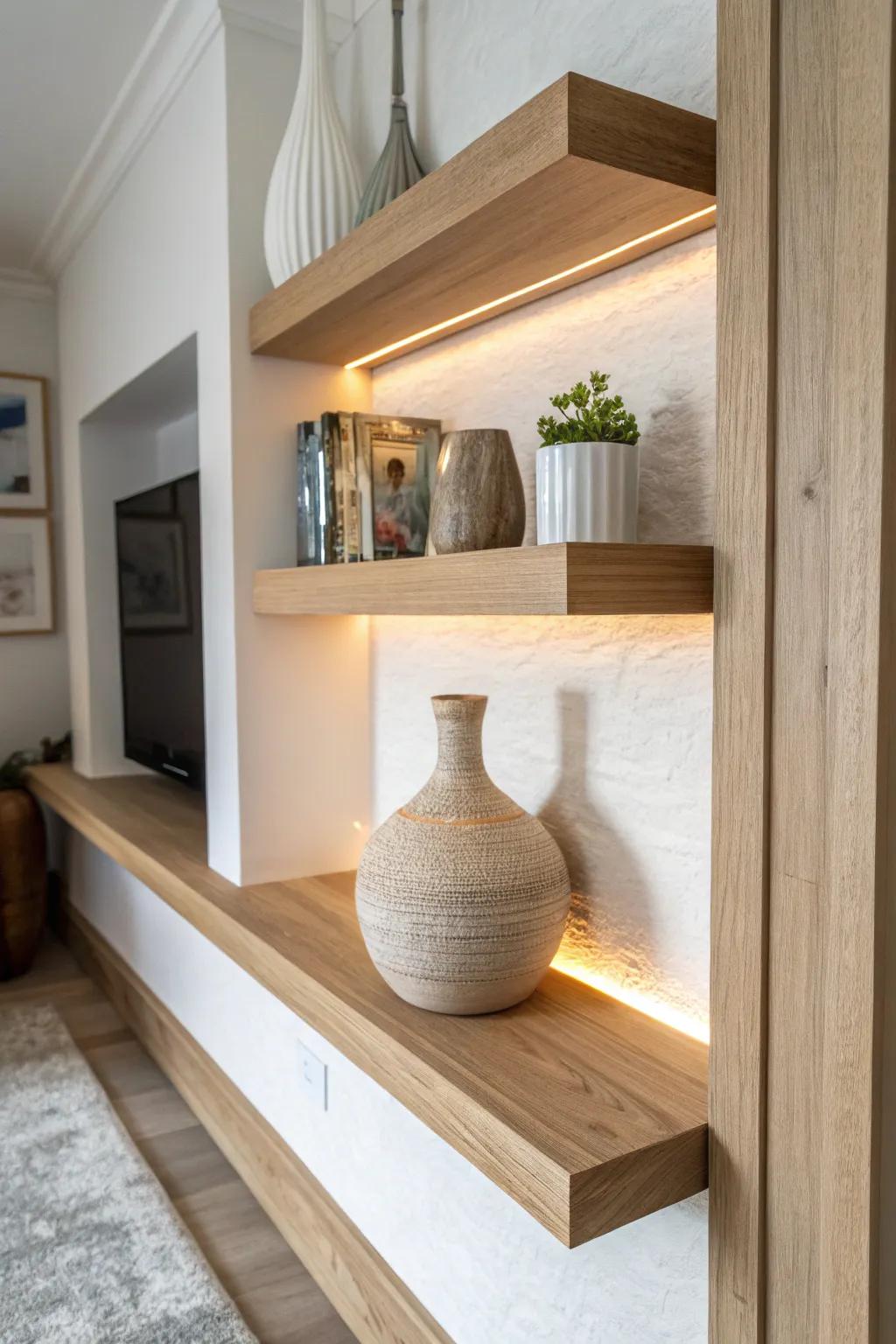 Warm integrated shelf lighting turns a simple alcove shelf into a calm, styled glow.