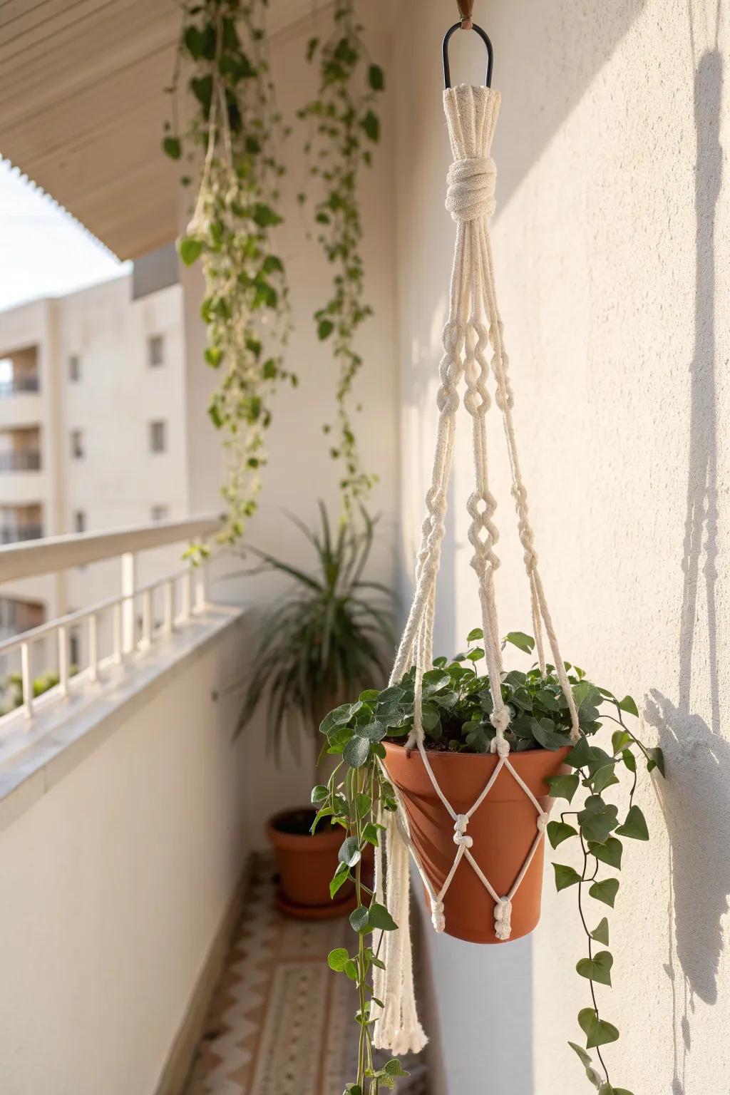 Add dreamy balcony layers with a ceiling-hung trailing plant—cozy, airy, and clutter-free.
