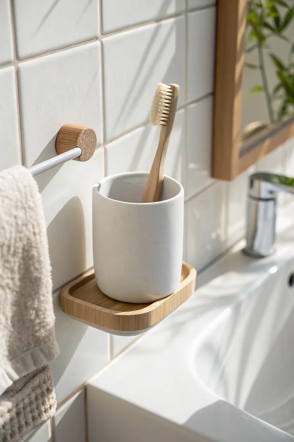 A renter-friendly adhesive mount keeps daily tools off the counter for an instantly cleaner sink.