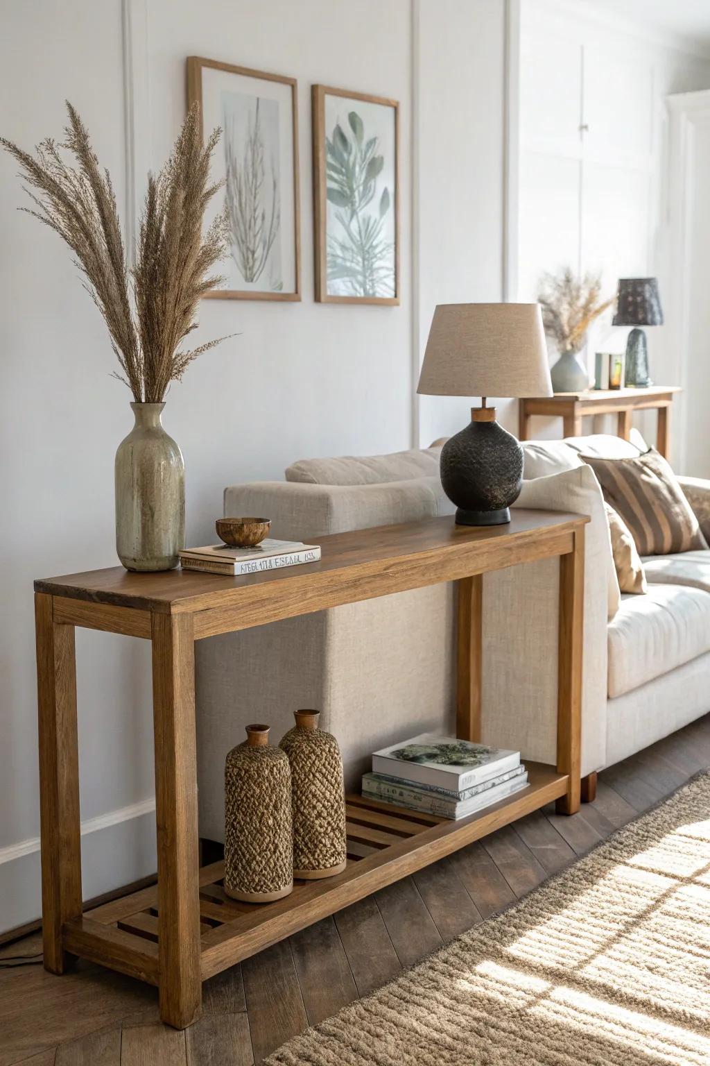 A slim console behind the sofa creates a stylish drop zone without crowding your space.