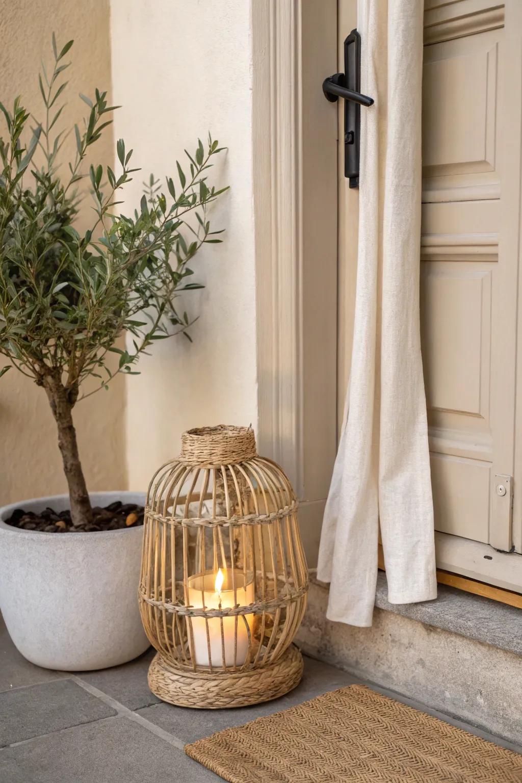 A cozy doorstep focal point: one lantern, one plant, one texture—small-space perfection.