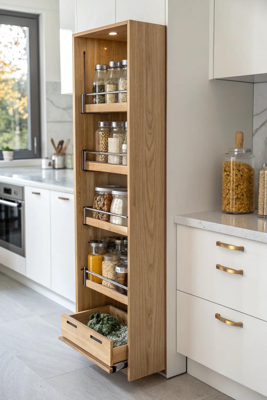A skinny pull-out pantry turns a tiny kitchen gap into stylish, organized storage.