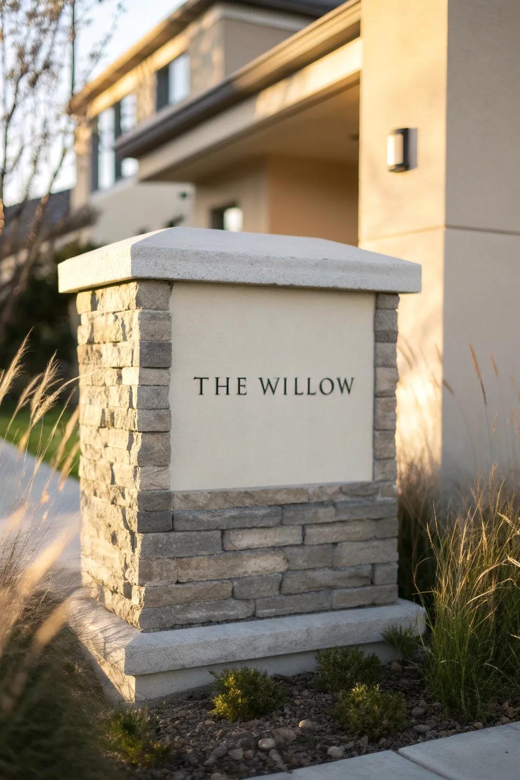 A stone-base monument sign with crisp black lettering brings modern curb appeal to apartments.