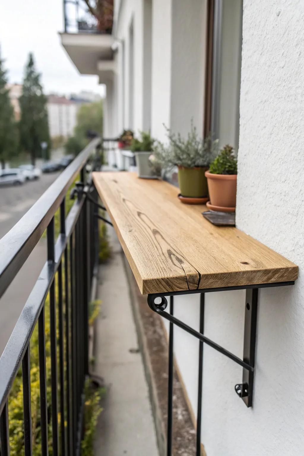 Rail-mounted skinny bar ledge: a chic coffee-and-work perch for the narrowest balcony.