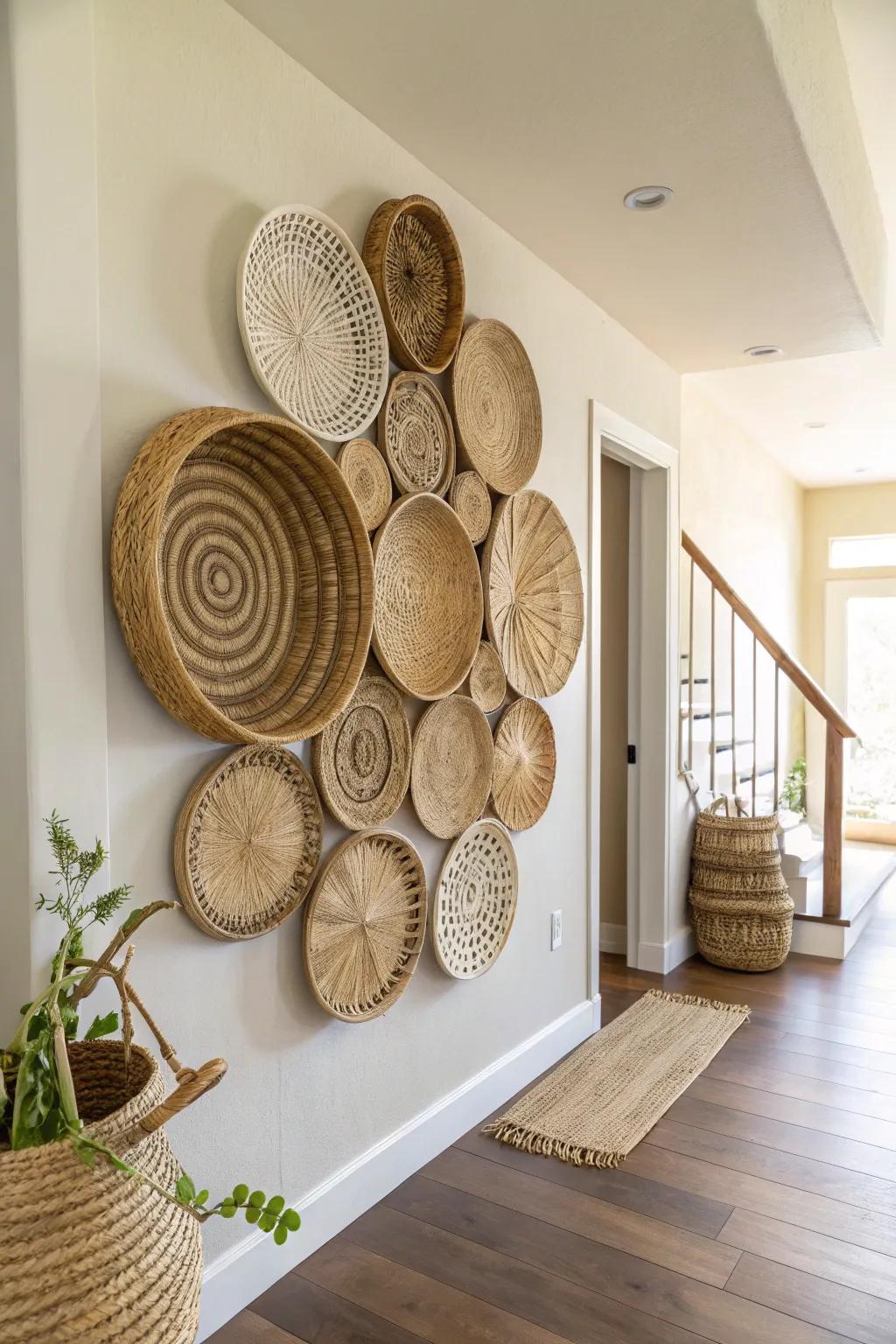 Cozy entryway texture: a woven basket wall cluster that makes small walls feel layered.