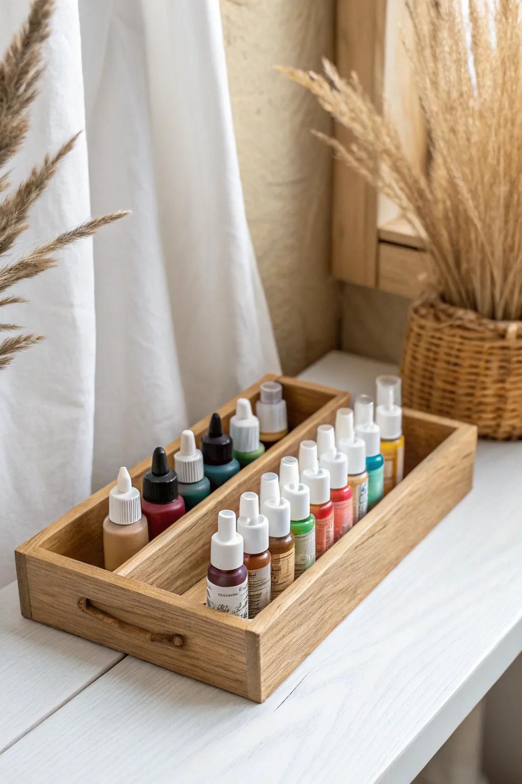 Shallow bins keep paints upright—sorted by type and size for a calm, leak-free art nook.