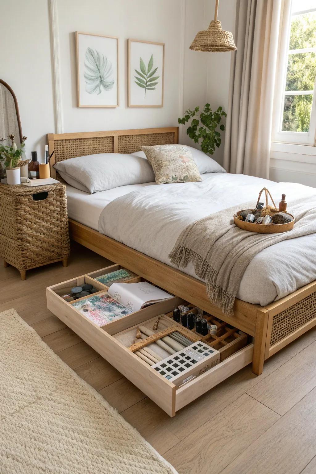 Slide-out under-bed box keeps paper pads and paints hidden, tidy, and easy to grab.