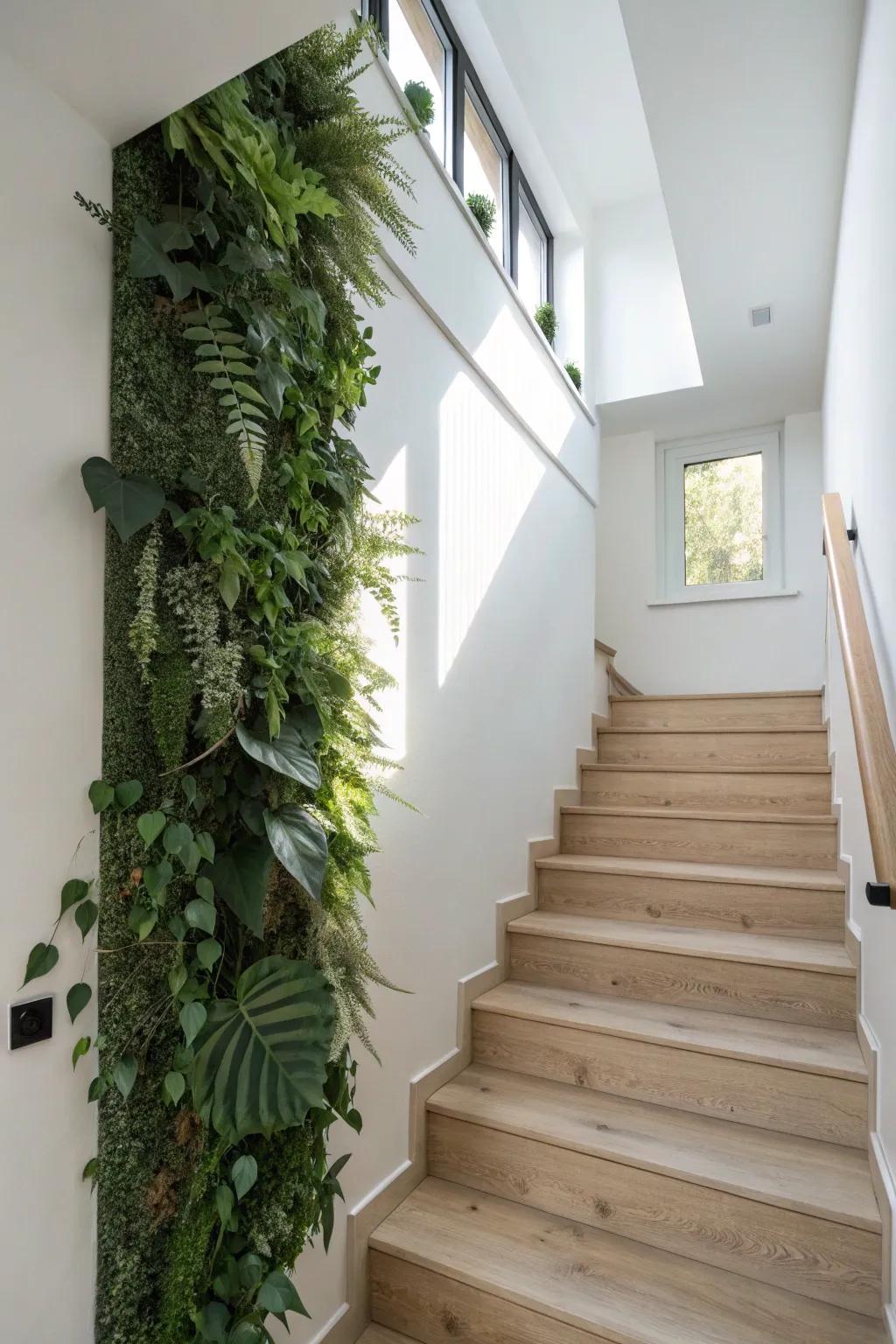 Turn a tight stairwell into a feature with a faux green run in varied leaf sizes and tones.