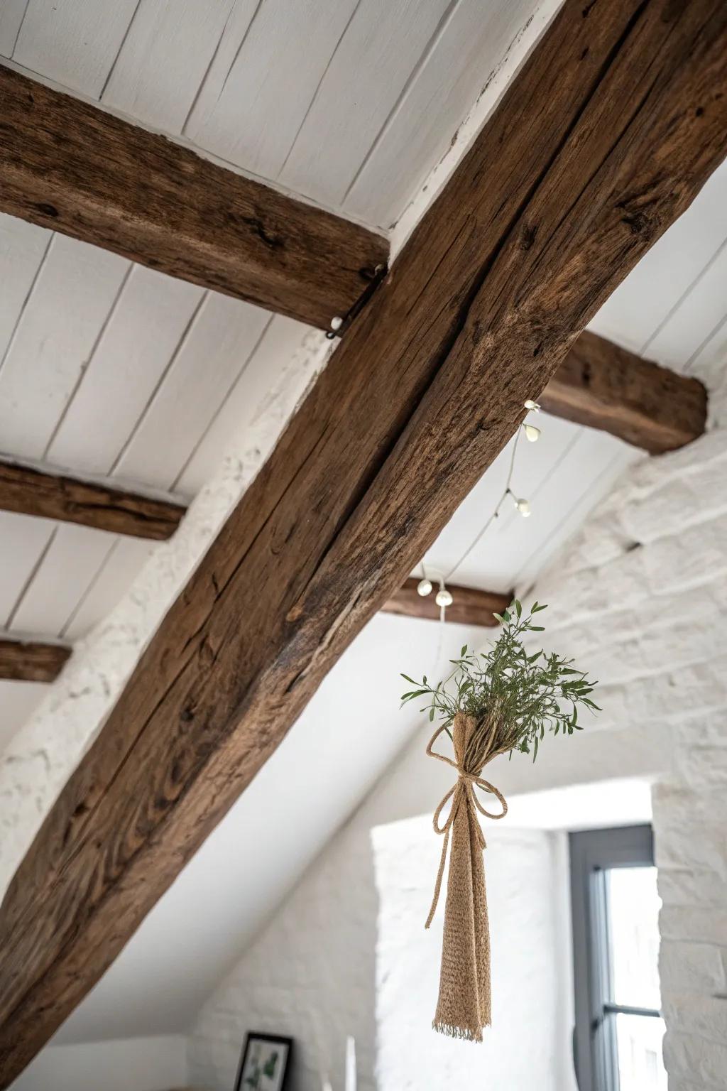 Let one exposed beam steal the spotlight—warm wood against crisp white, softly styled.