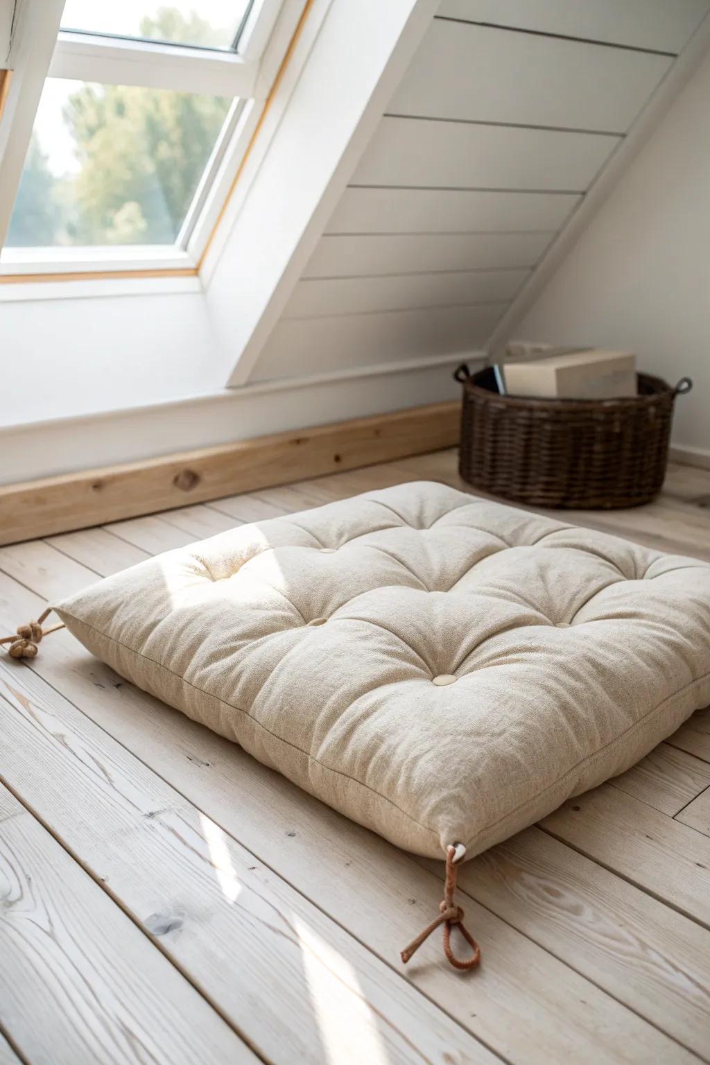 Cozy padded floor mat turns an attic crawl space into a soft, safe kids’ hideaway.
