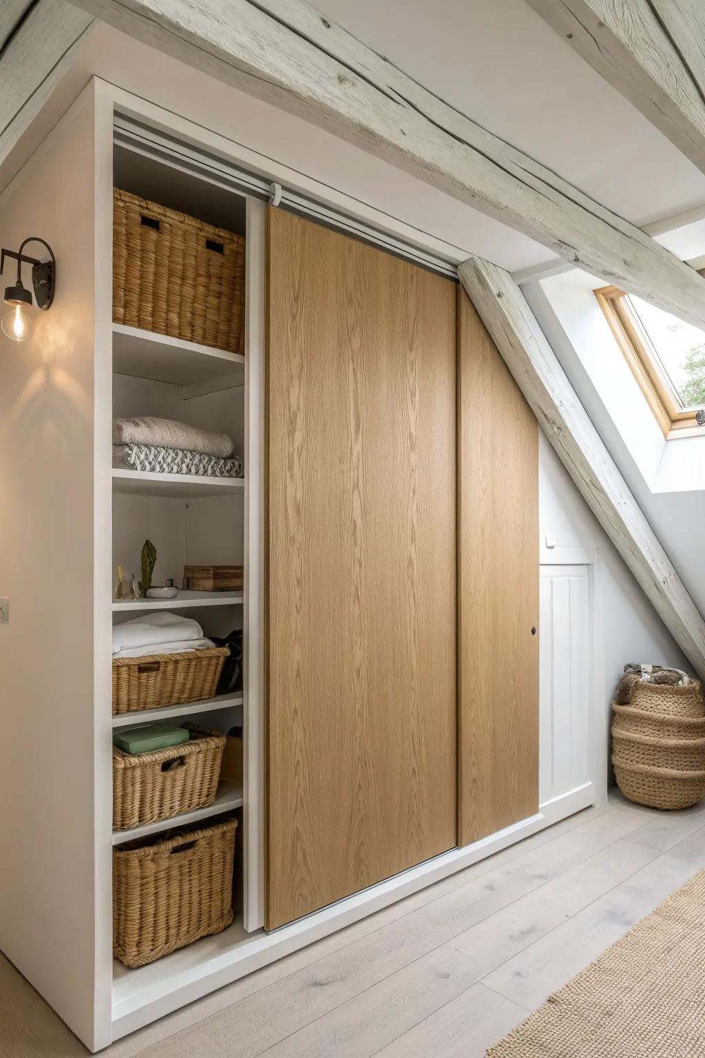 Hide attic storage beautifully with sliding panels—calm, seamless, and satisfyingly tidy.