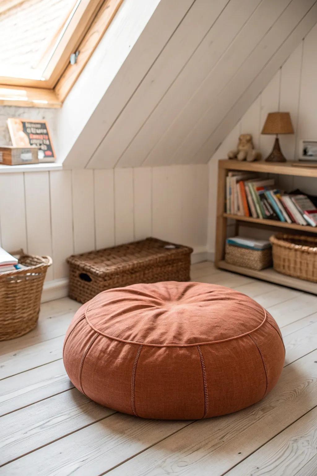 Turn the attic slope into a kid’s quiet cave with a cozy floor cushion and soft wall glow.
