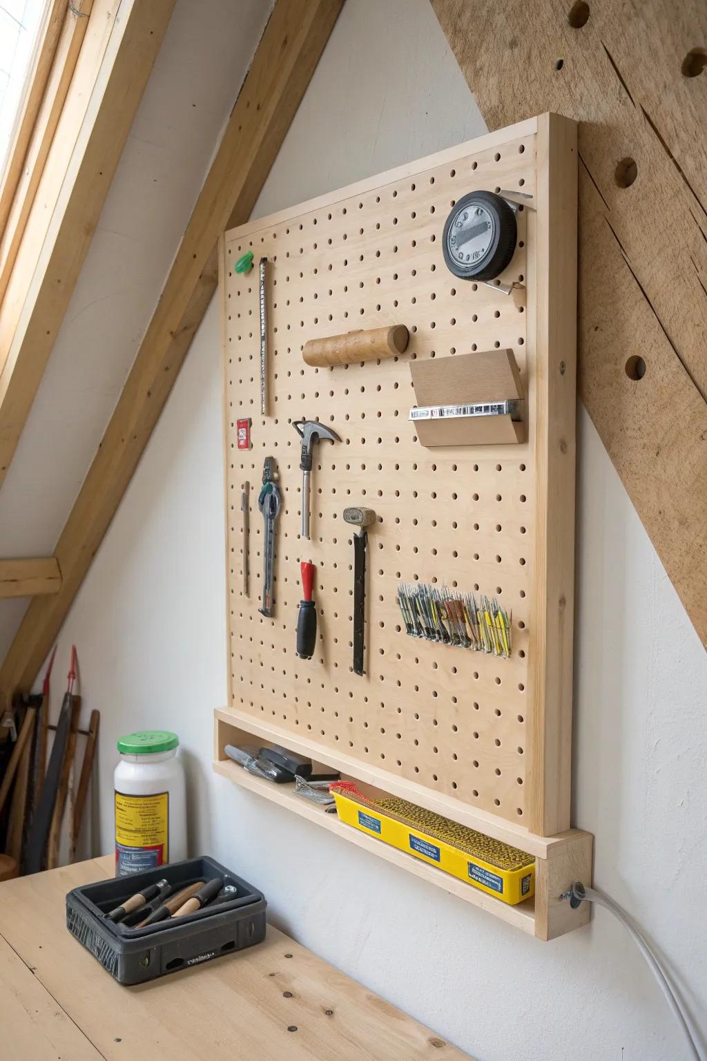 A simple attic pegboard turns small tools into a tidy, grab-and-go vertical setup.