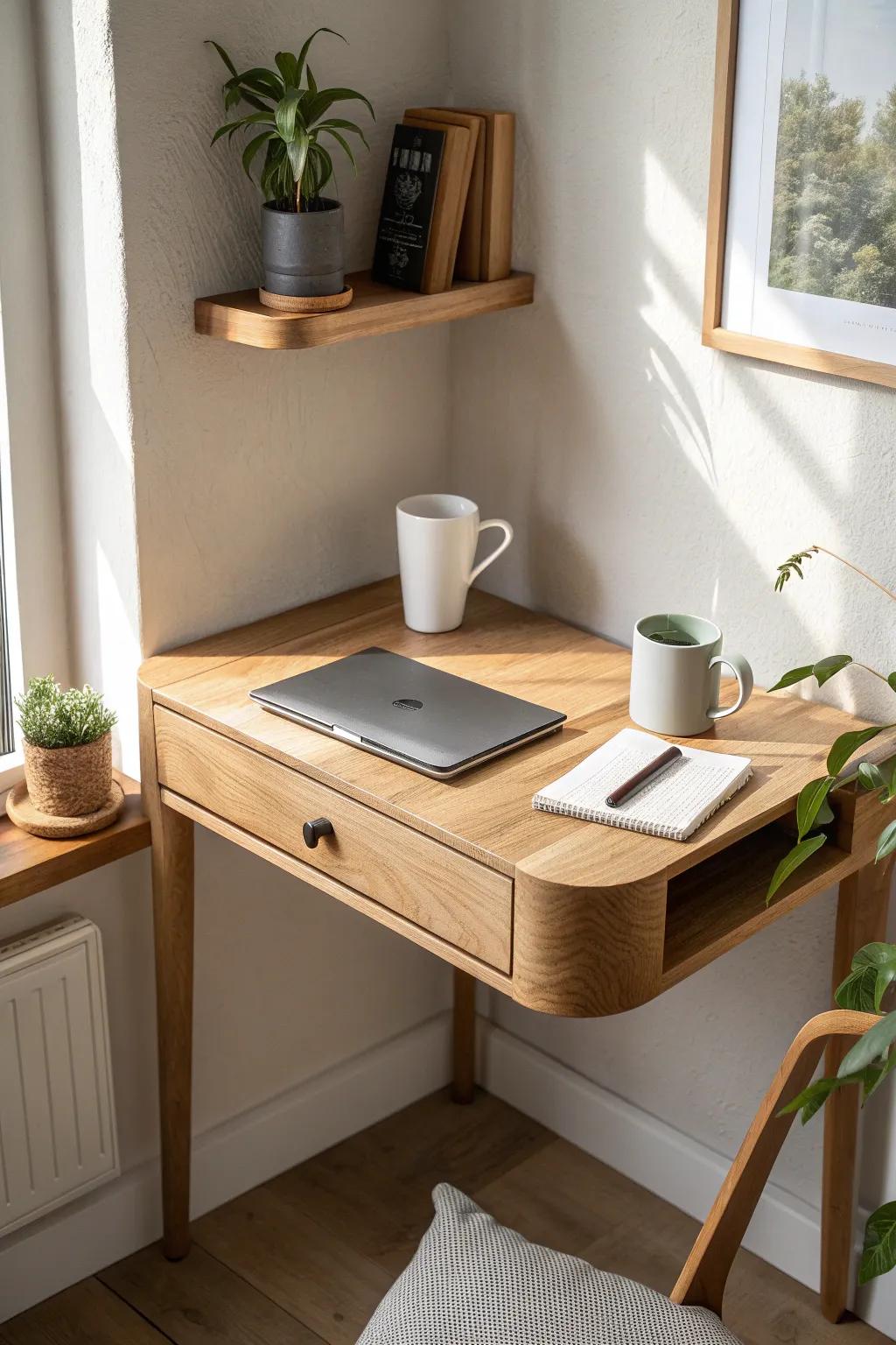 A tiny corner desk + one slim shelf turns an awkward nook into a calm mini home office.