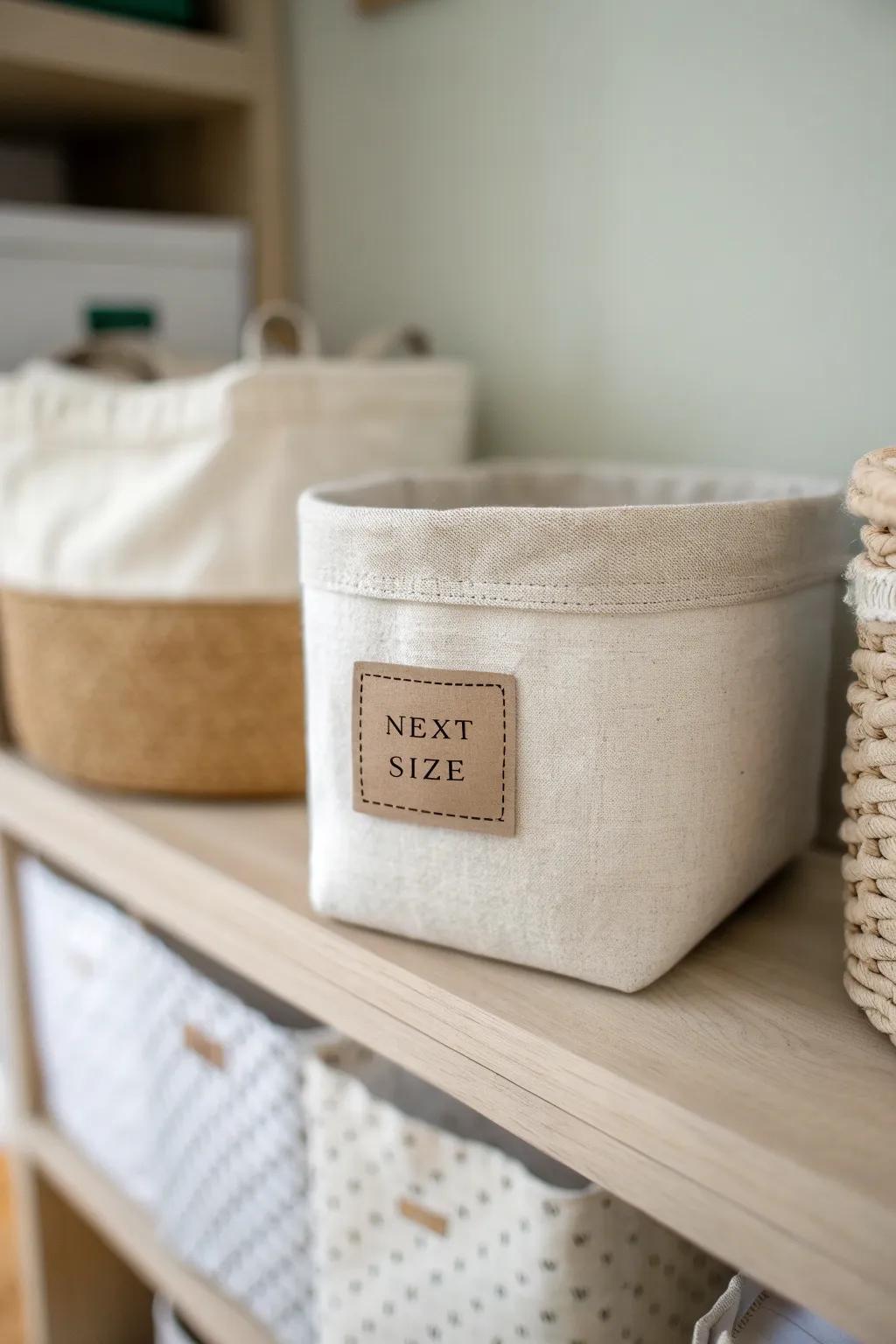 A labeled “Next Size” bin turns a tiny nursery closet into an effortless organization zone.
