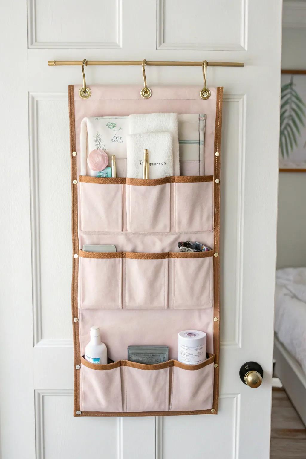 Over-the-door pocket organizer keeps diapers, creams, and tiny socks tidy in a small nursery.