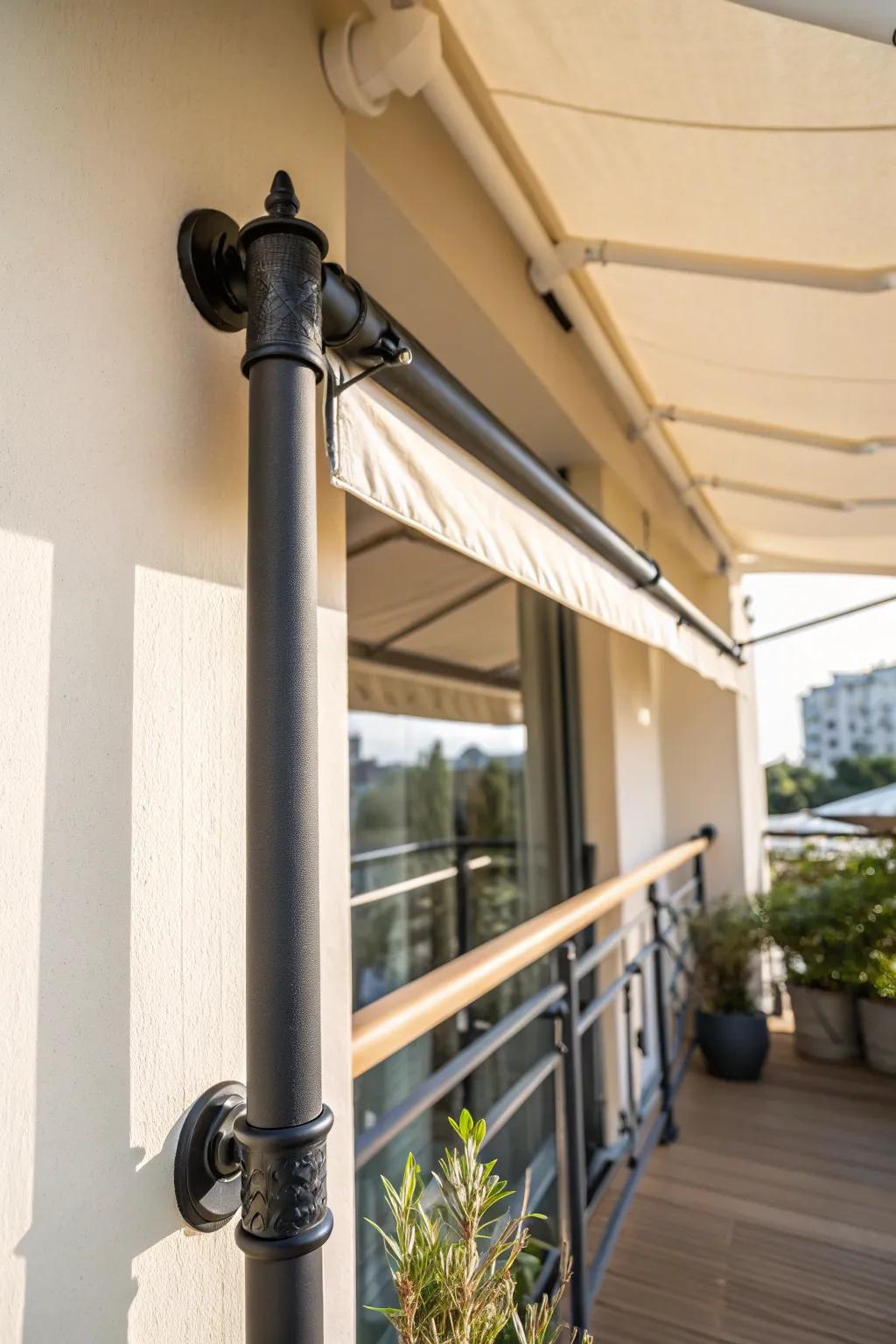 No-drill tension‑pole awning: renter‑friendly balcony shade with Scandinavian minimal boho linen.