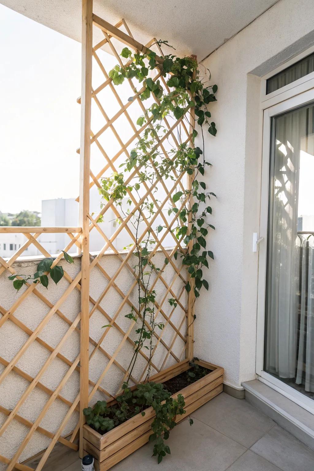 Airy lattice privacy wall wrapped in lush vines—soft balcony enclosure with Scandi-boho calm.