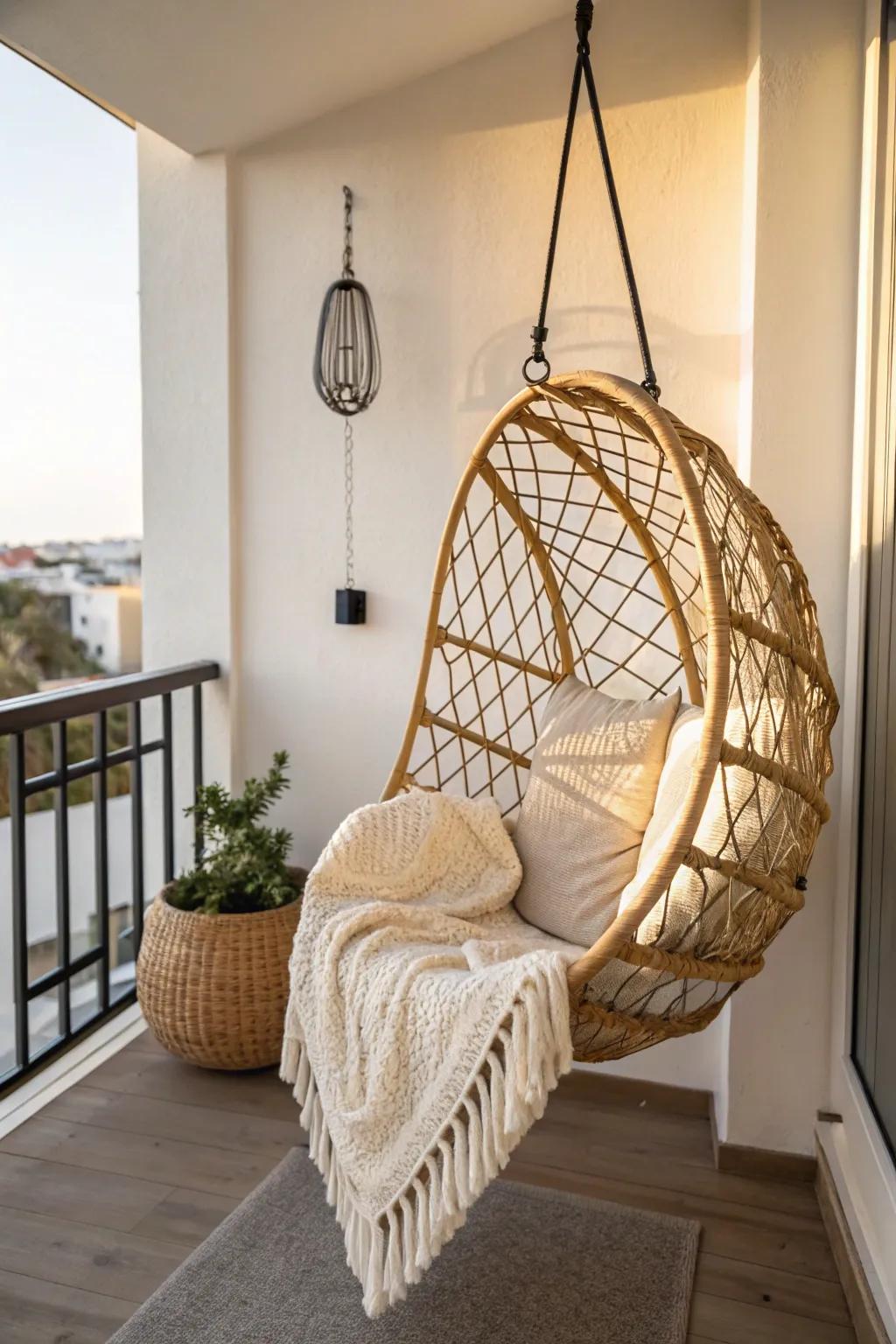 Turn a tiny balcony corner into a dreamy reading nook with a sculptural hanging chair.