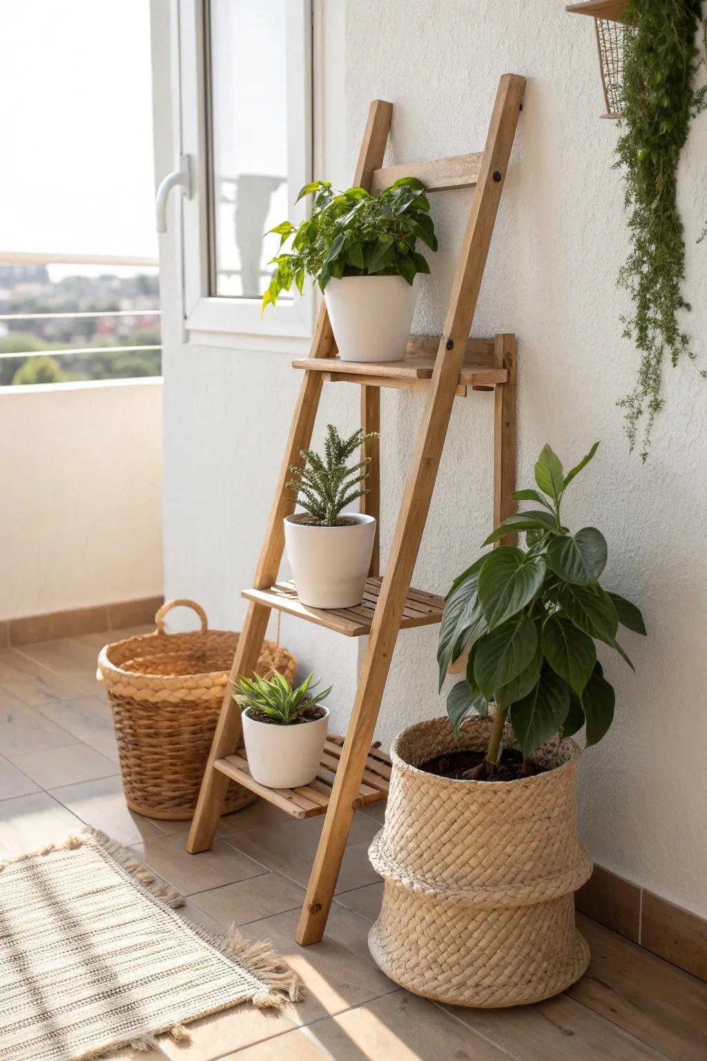 Stack greenery vertically with a ladder plant stand for a styled, not crowded, balcony corner.