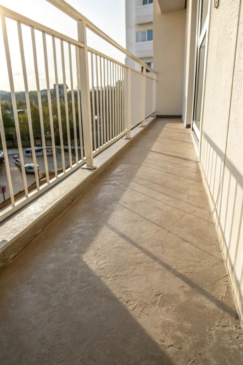 One solid mid-tone coat makes a rough concrete balcony floor look clean, calm, and easy to sweep.