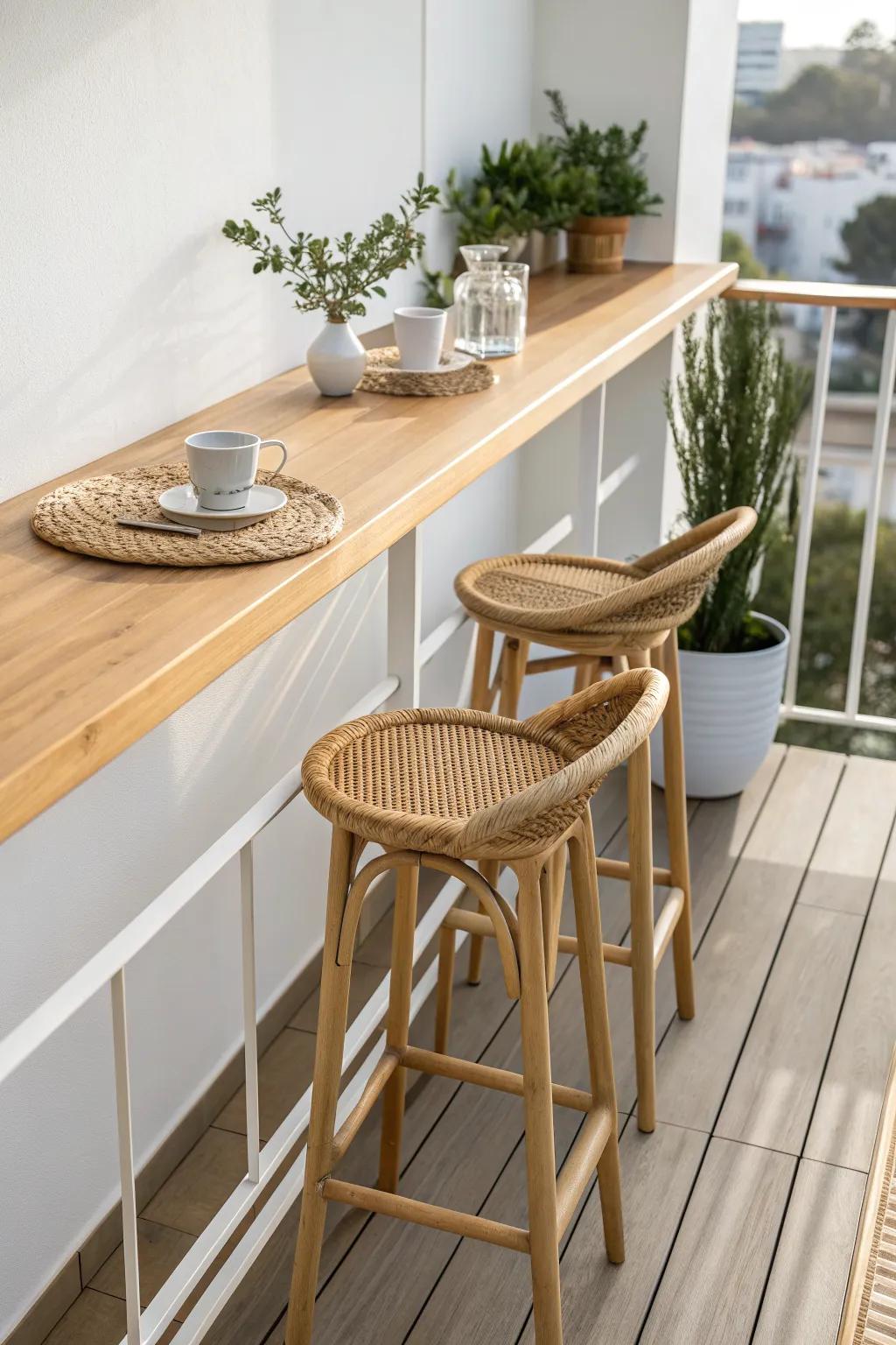 Café-style railing counter with backless stools—dining nook that keeps a small balcony open.