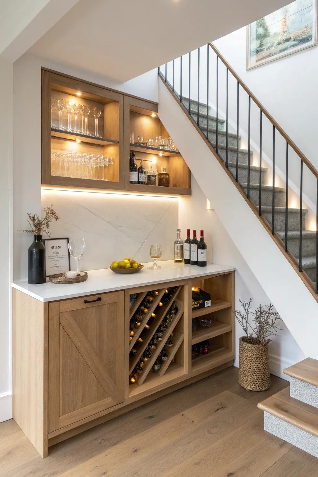 Turn that under-stair void into a chic bar nook with stepped shelves and warm wood tones.