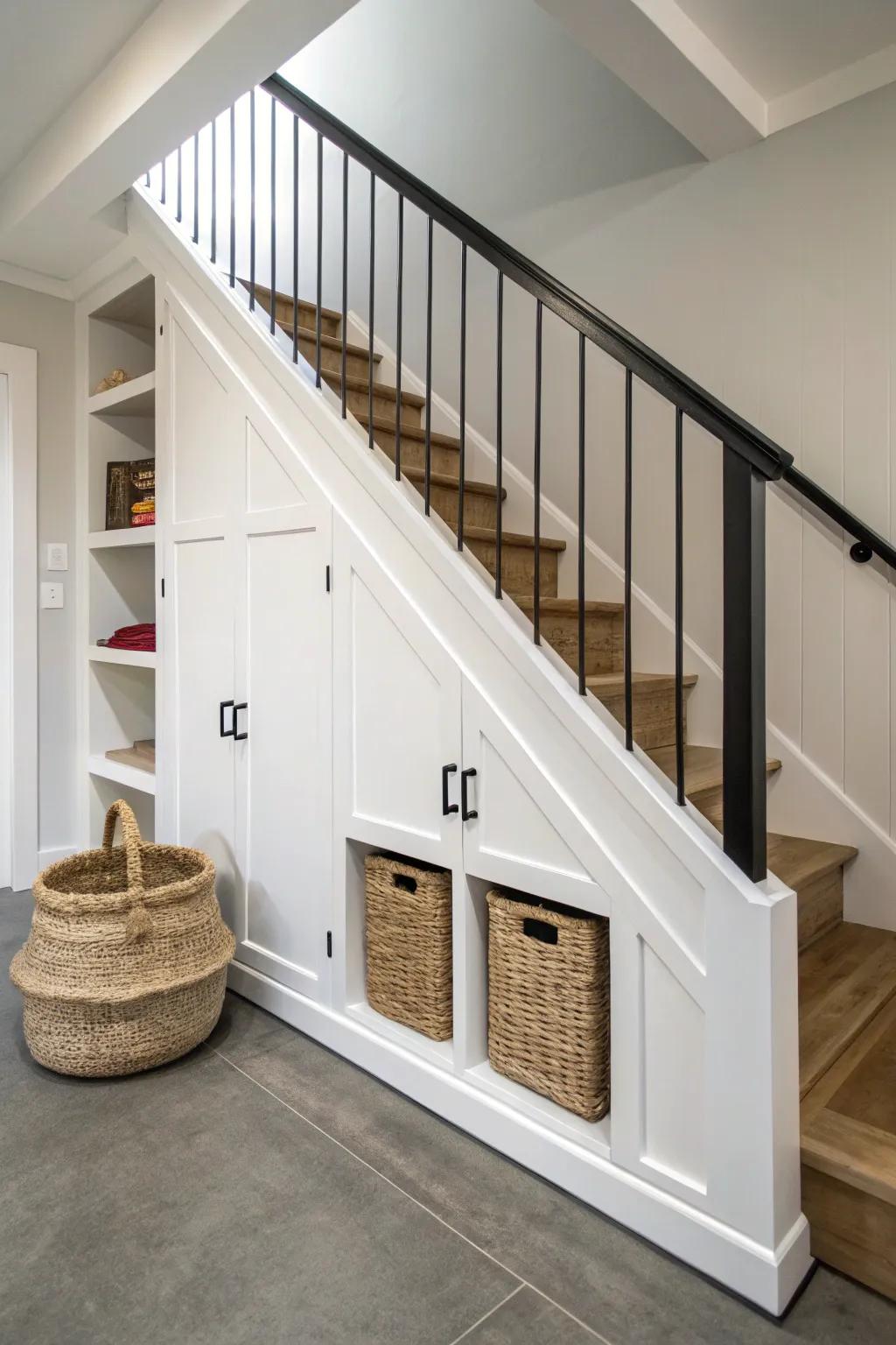 Turn under-stairs basement space into sleek stepped built-ins—beautiful storage with warm natural wood.
