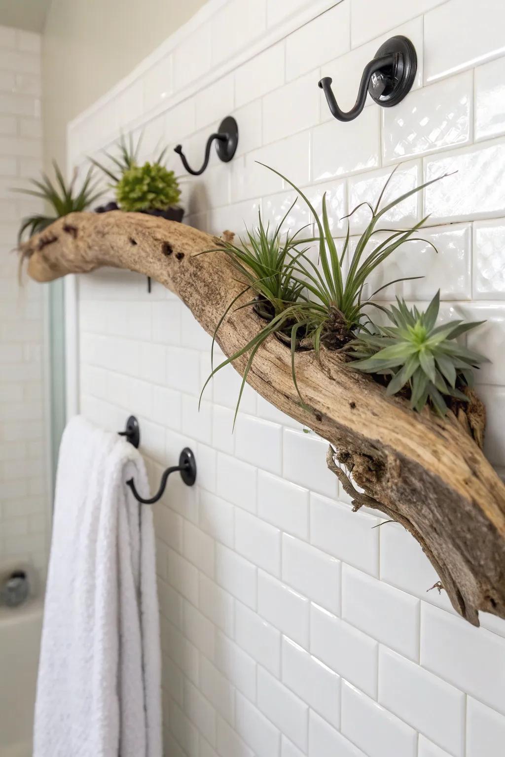 Spa-like driftwood perch with air plants—adds texture and greenery without using counter space.
