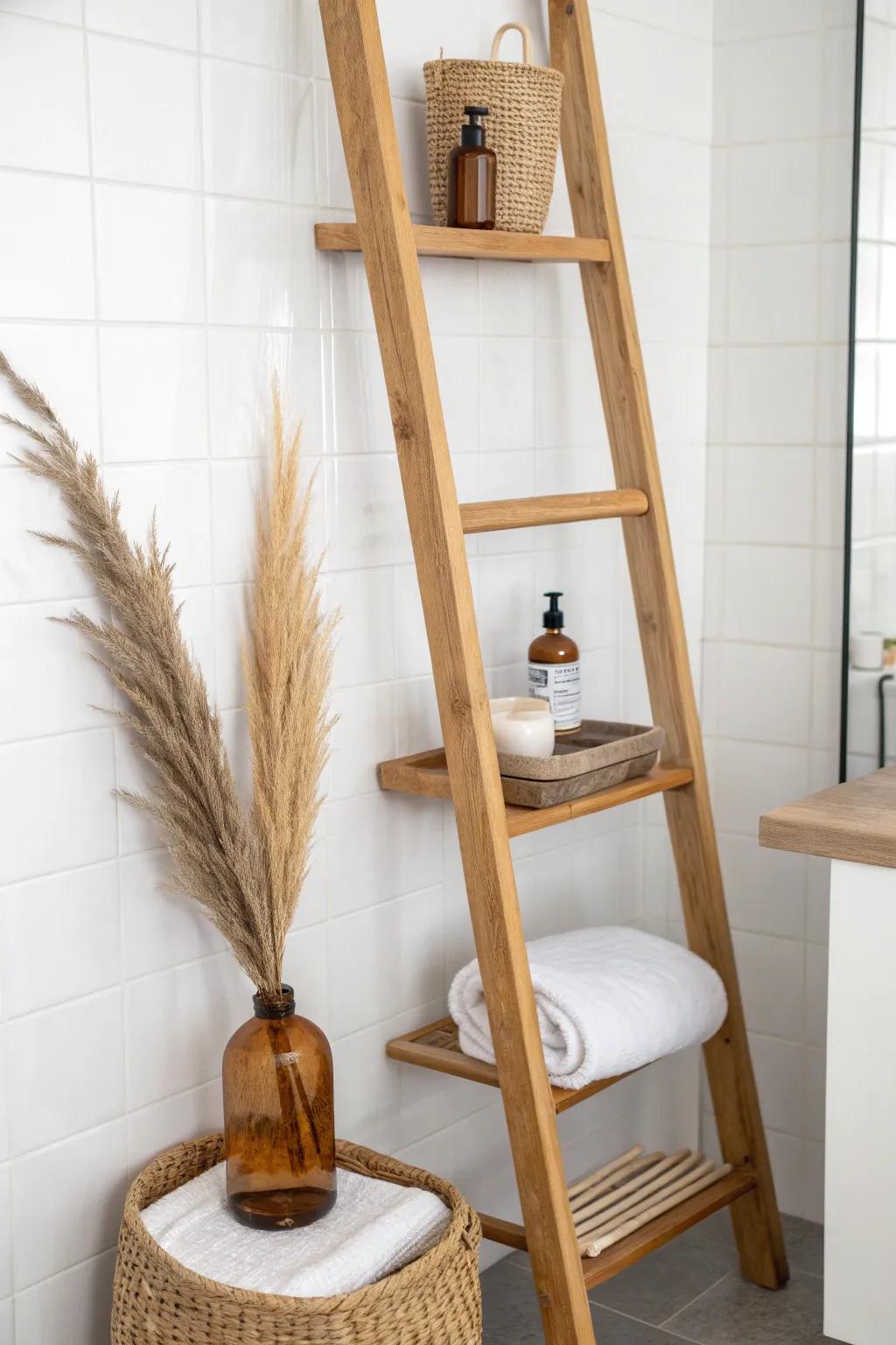 A tall shelf + vertical lines instantly make a tiny bathroom feel higher and airier.