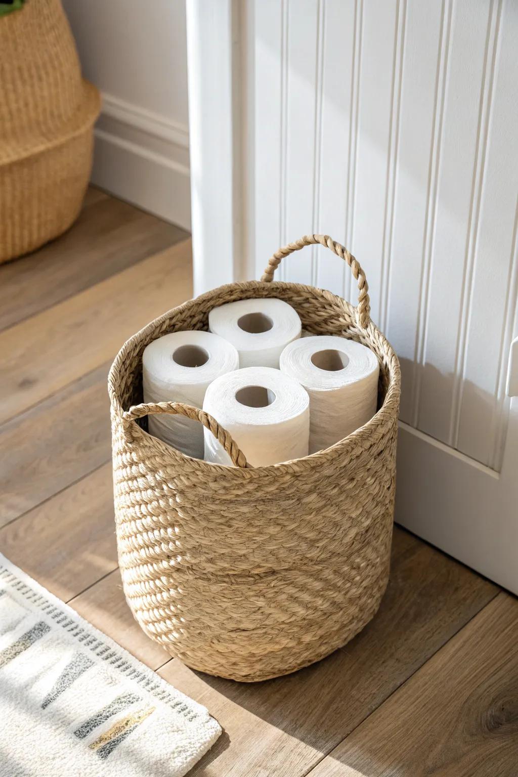 Turn toilet paper into decor: upright rolls in a wide woven basket for a tidy, chic look.