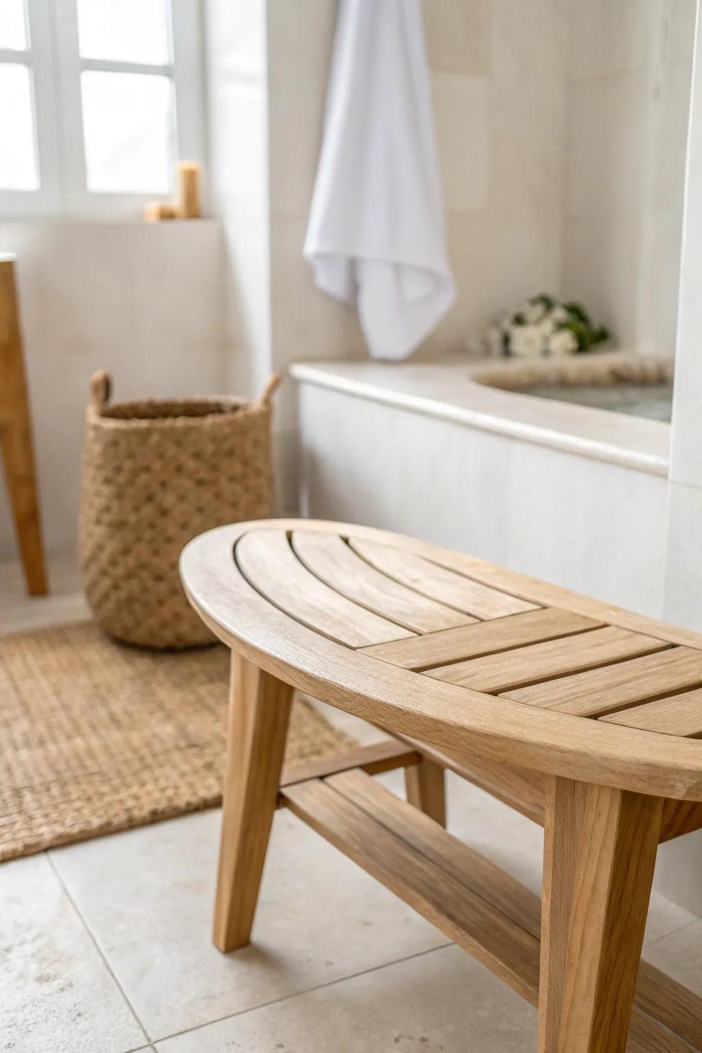 A curved teak shower bench softens sharp tile lines for a calm, spa-like bathroom vibe.