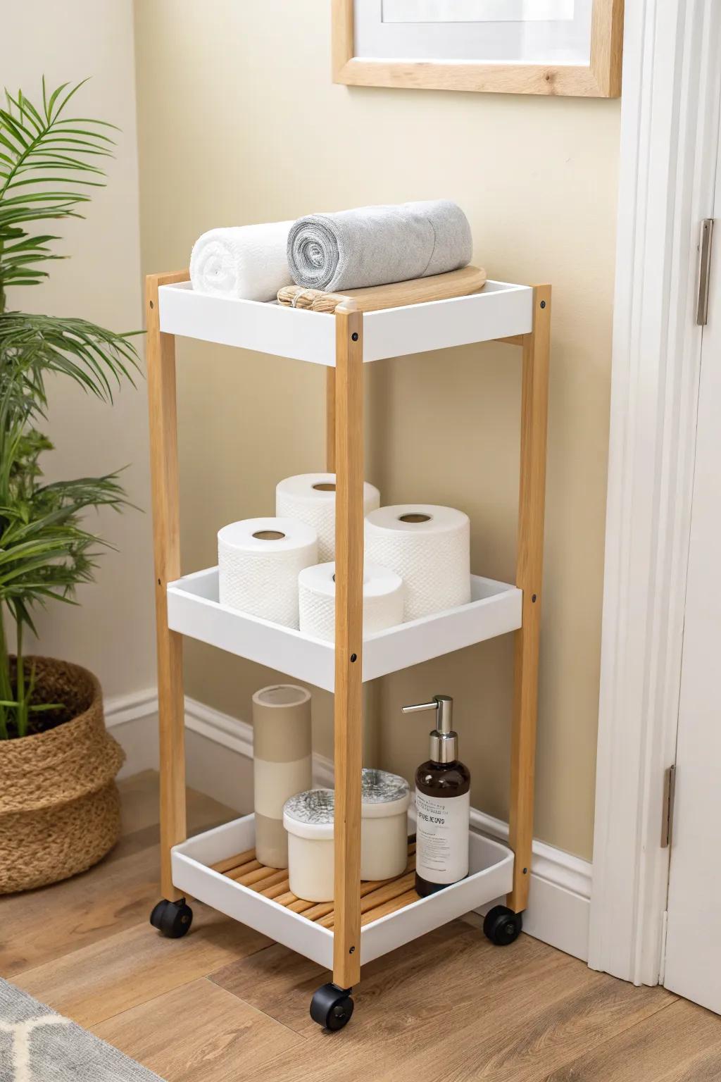 A slim backup cart keeps toilet paper and tissues beautifully organized in tiny bathrooms.