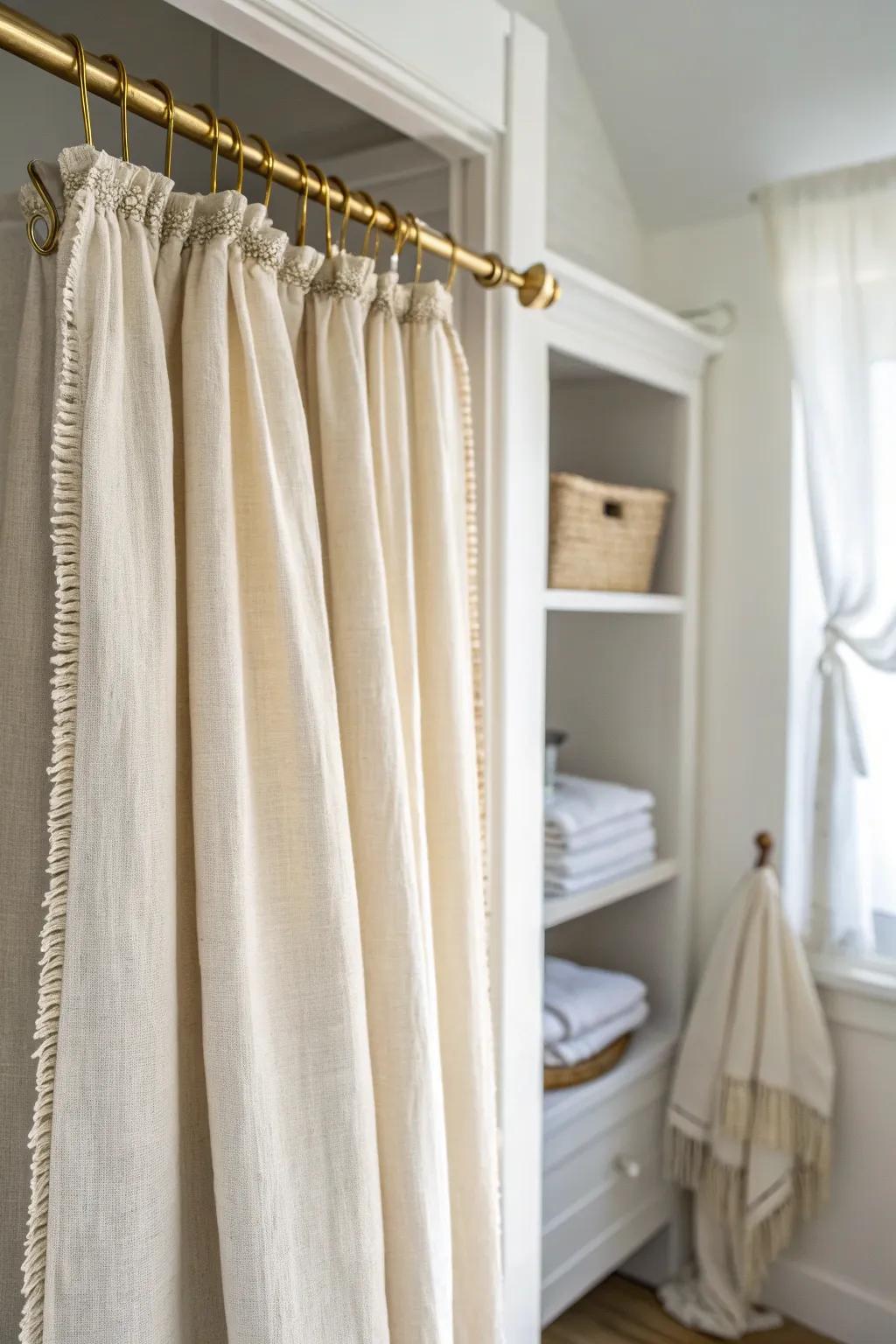 A washable linen curtain on a tension rod—light, airy, and easy one-hand access.