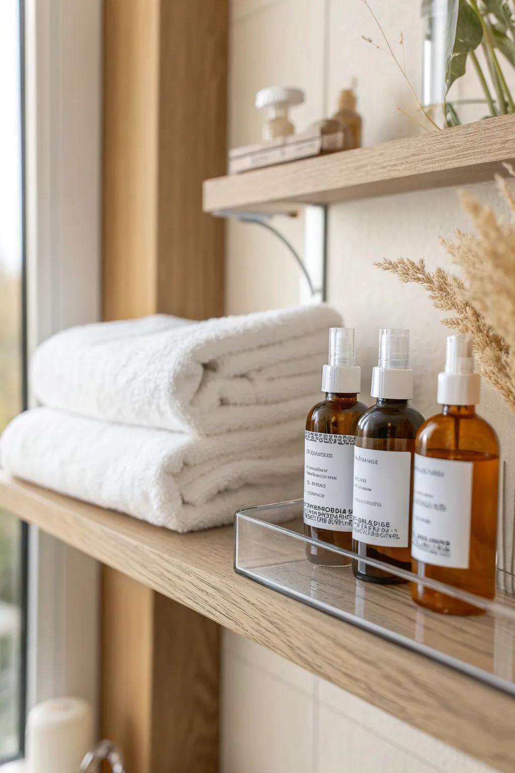 A simple shelf divider keeps towels separate from toiletries—tidy shelves that stay tidy.