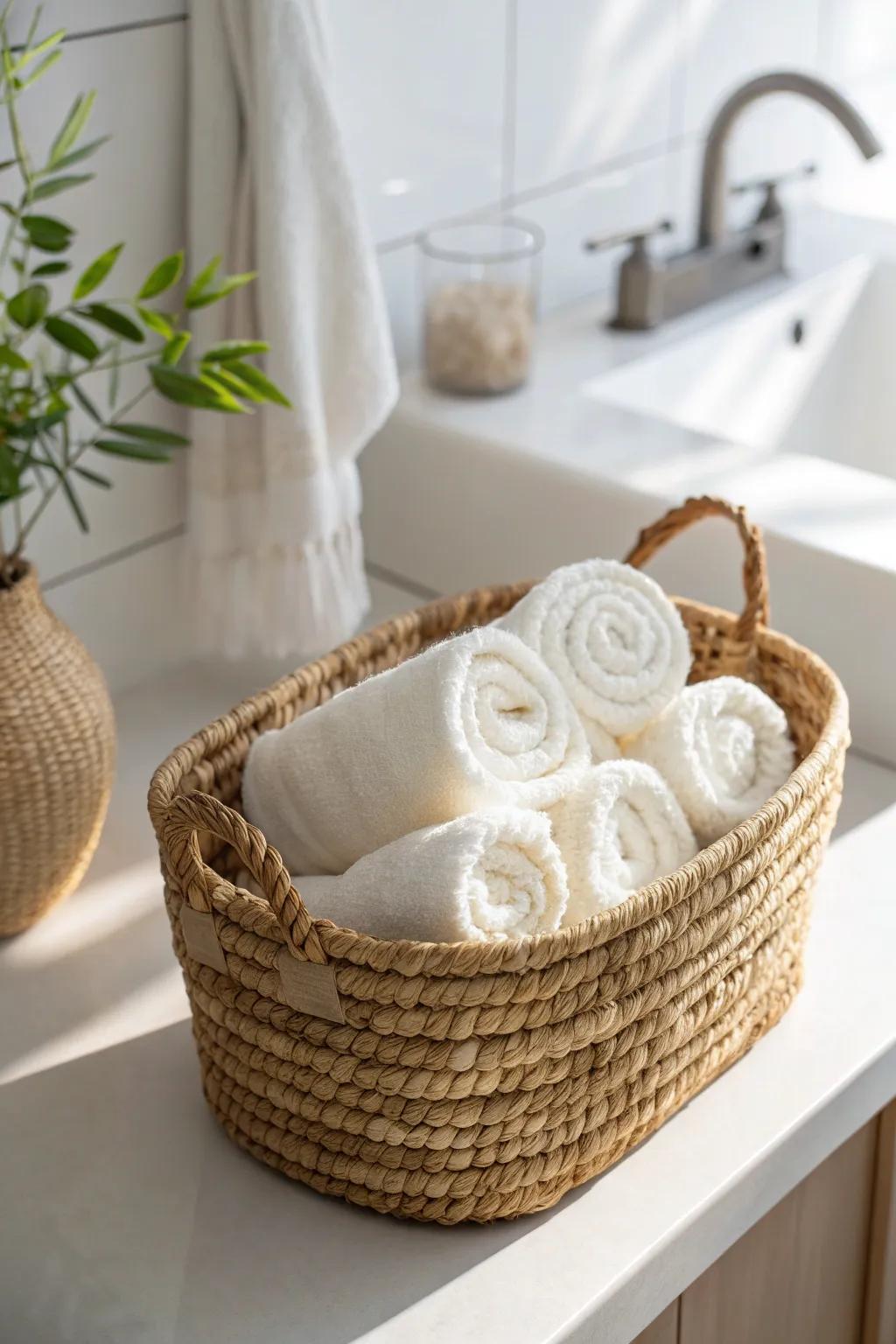 Spa-simple counter tip: roll hand towels and tuck them into a small woven basket.