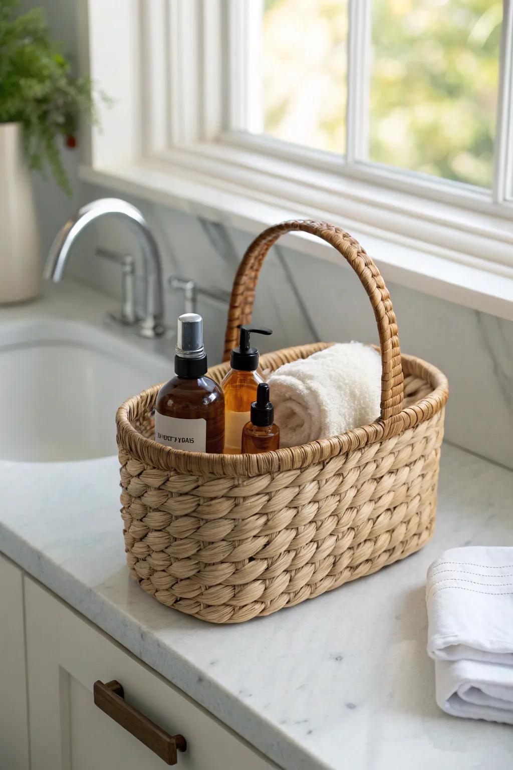 A mini basket caddy keeps shared bathroom counters tidy—lift, wipe, and reset in seconds.