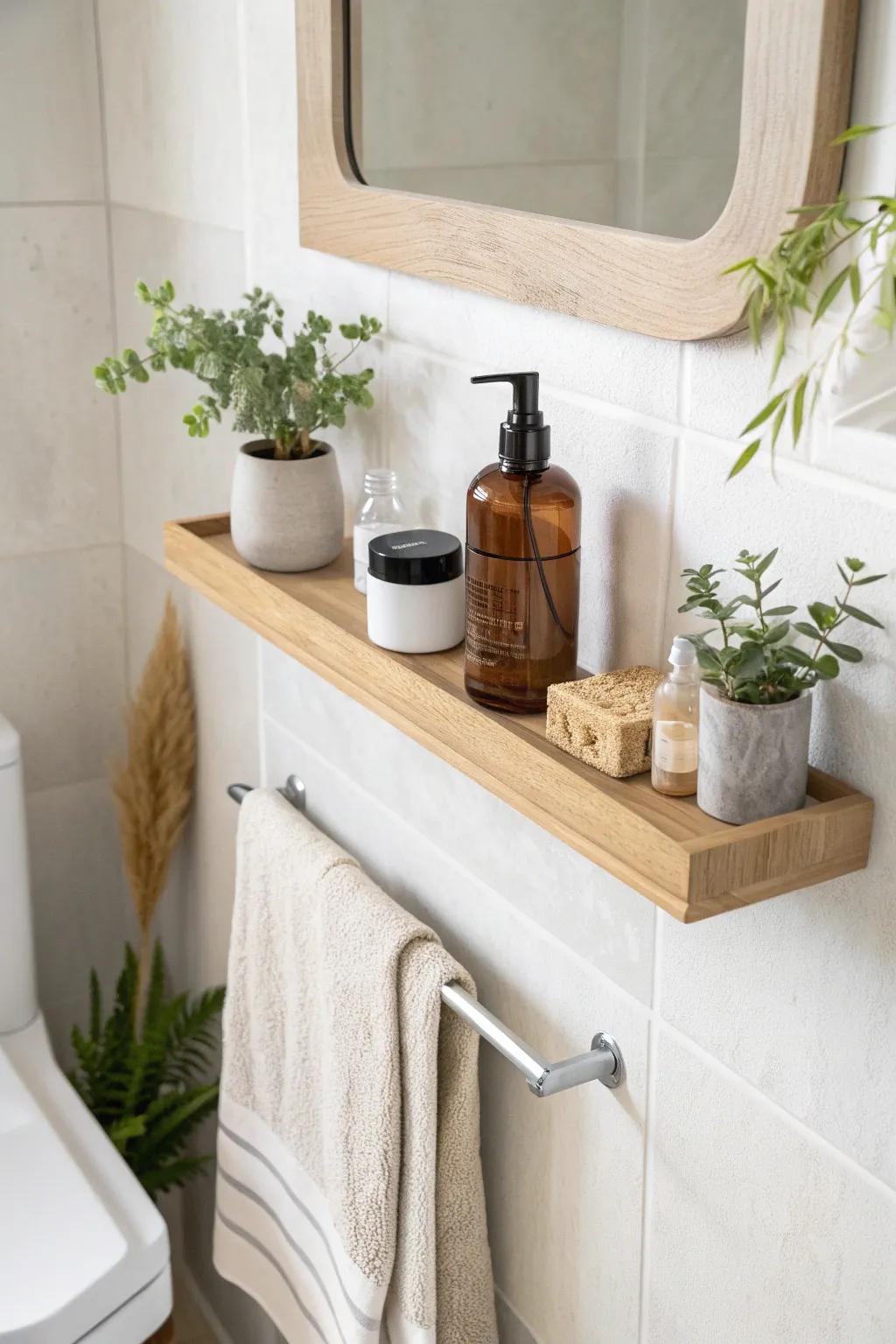 A slim floating shelf behind the door—secret small-bath storage with warm, minimalist style.