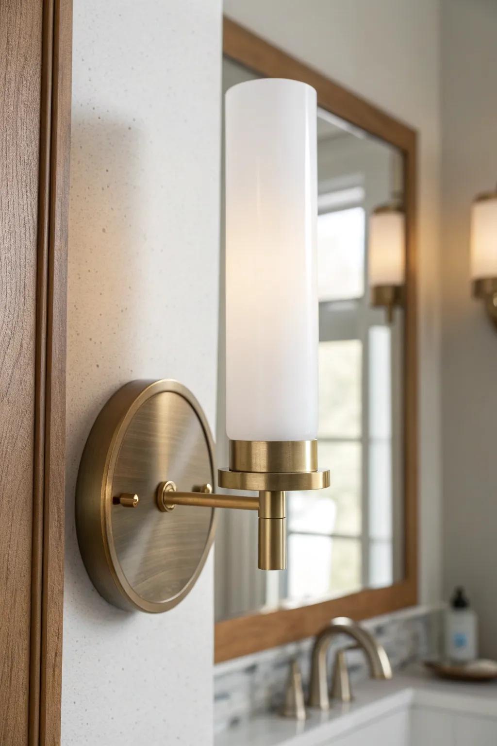 Cylinder shade sconce: sleek modern lines that make a small-space vanity feel airy.
