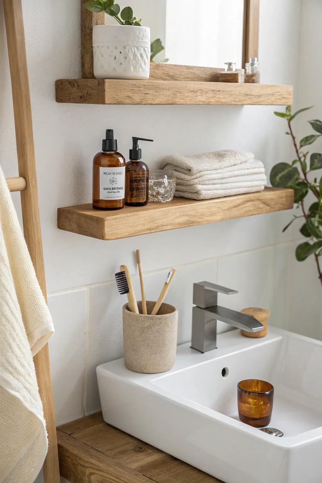 Floating oak shelves above the sink keep essentials handy—without crowding your counter.