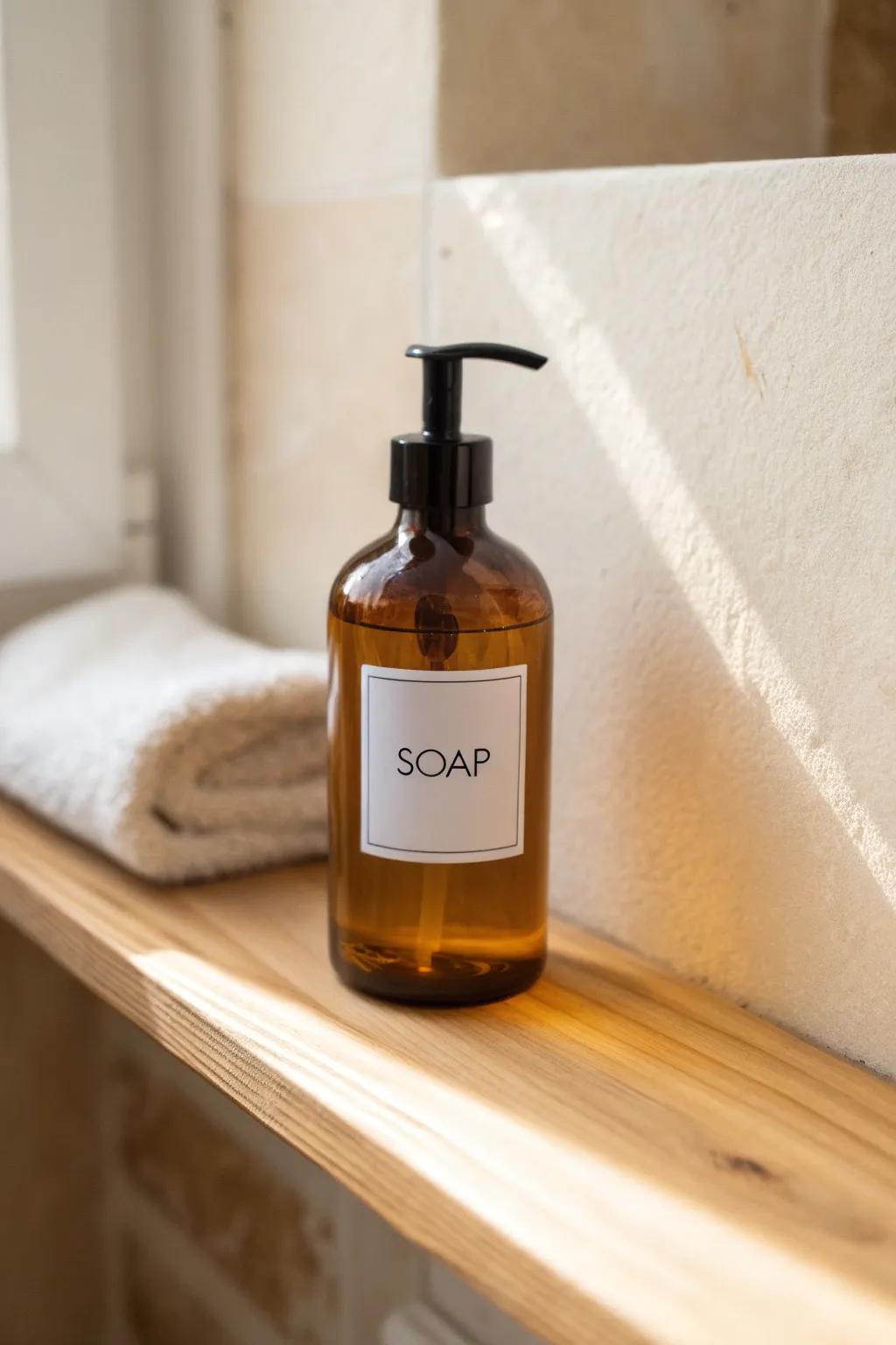 A matching bottle + simple label makes even budget bathroom shelves feel calm and high-end.