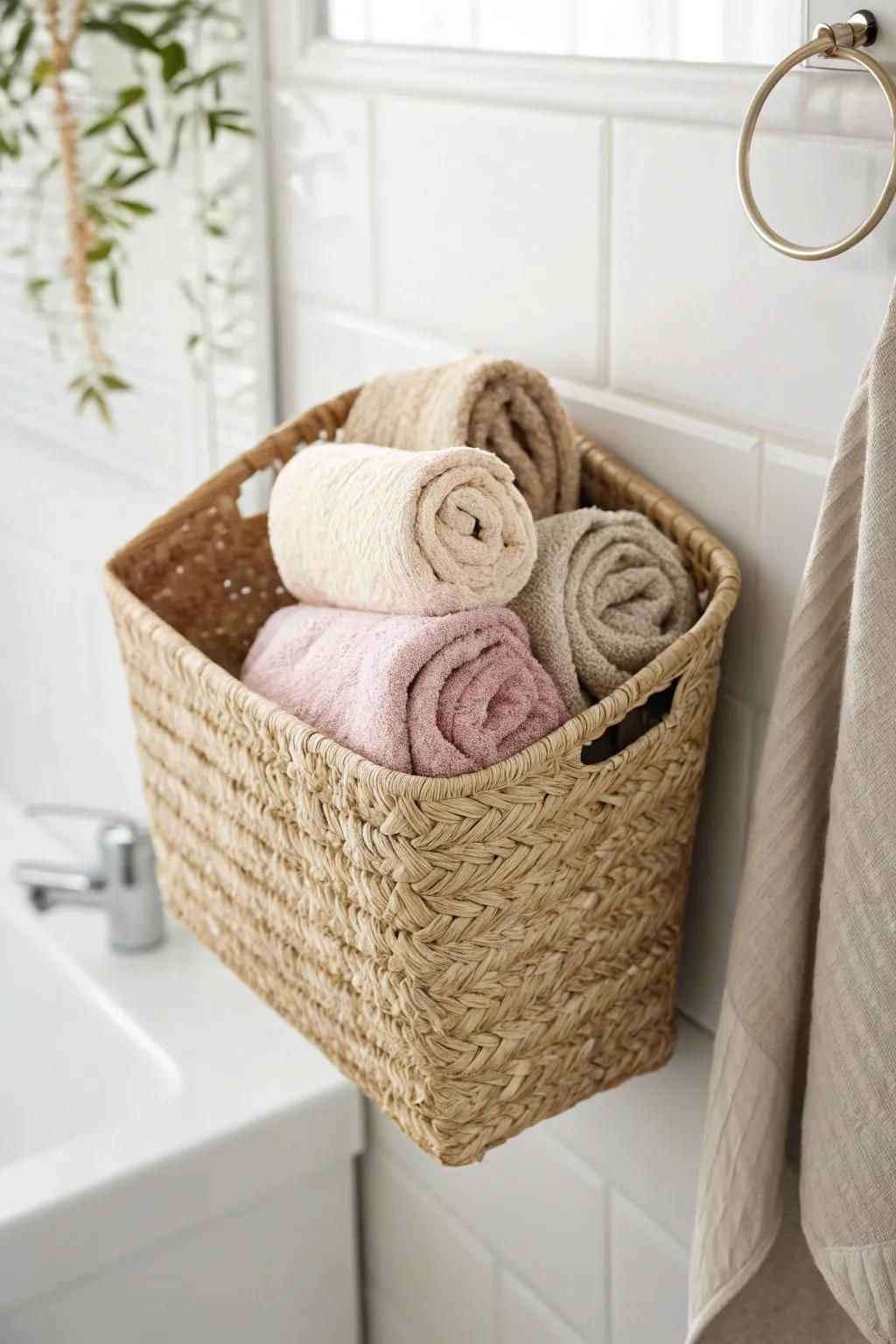 A wall-mounted woven basket cubby keeps rolled towels handy—perfect for tiny bathrooms.