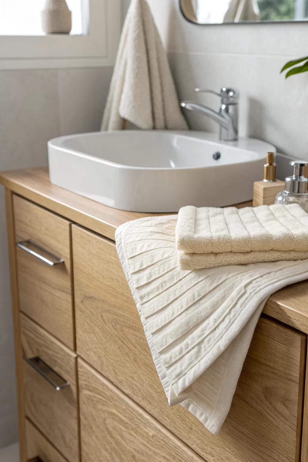 A simple fan-fold washcloth tucked into a hand towel for an instant spa-like refresh.