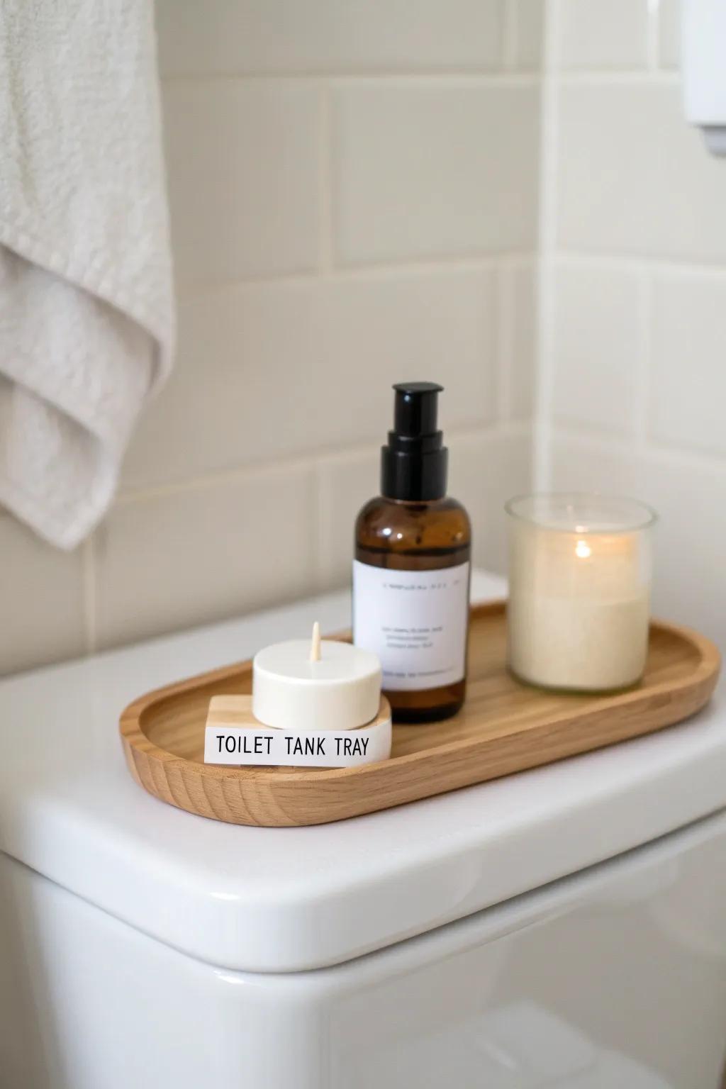 A slim toilet tank tray adds a shelf-like spot for candle + spray in the smallest bath.