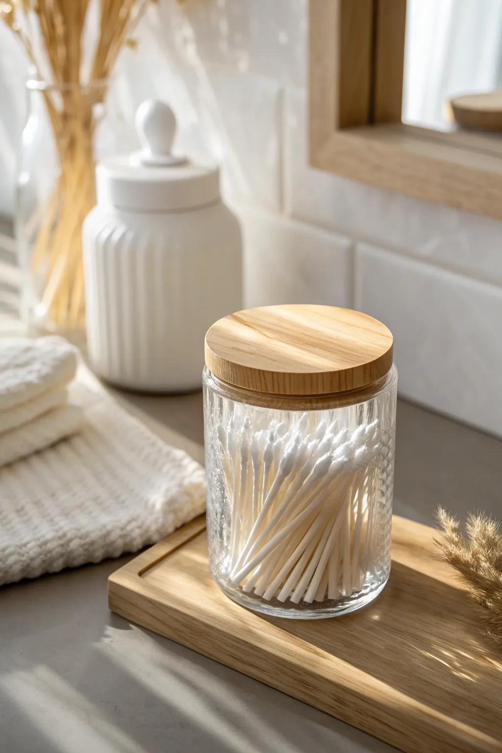 Clear containers keep tiny vanity essentials visible, tidy, and effortless in small bathrooms.