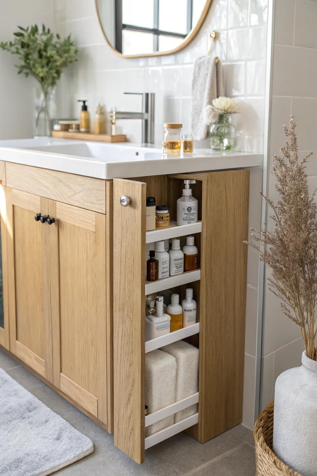Skinny pull-out vanity tower: the chic fix for tiny toiletries that always topple over.