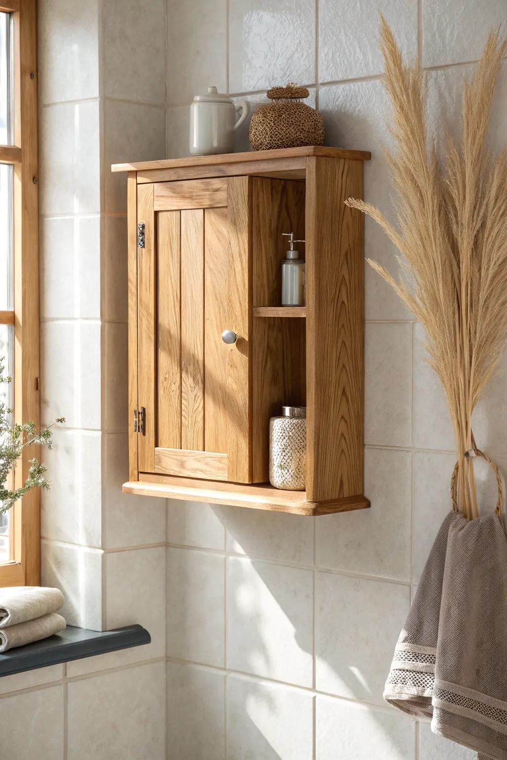 Warm wood wall cabinet that softens bright tile—minimal, cozy storage for small bathrooms.